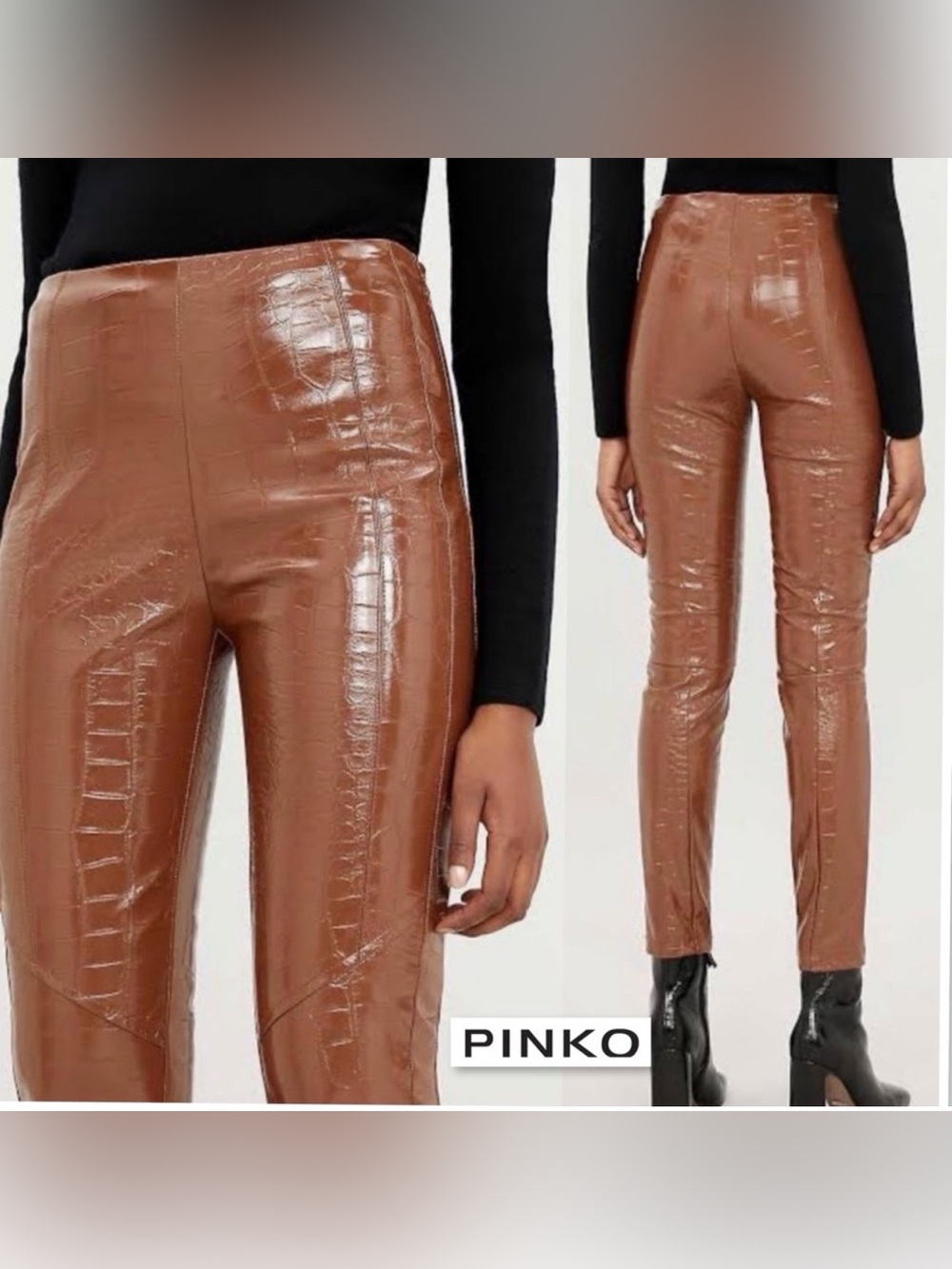 PINKO Gradino 3 Crocodile-Embossed Faux Patent Leather Skinny Pants brown size 4